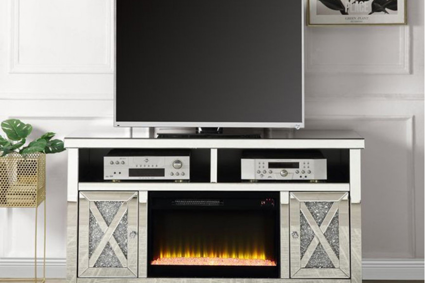 Acme Noralie Tv Stand With Fireplace In Mirrored And Faux Diamonds