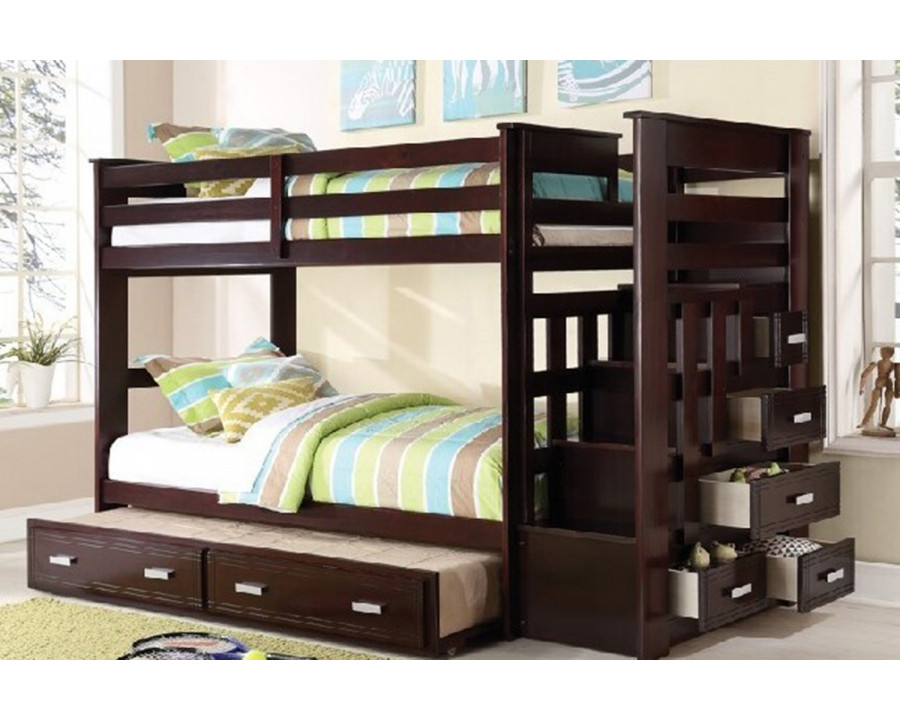 ACME Allentown Twin Over Twin Bunk Bed with Storage Ladder and Trundle - Espresso