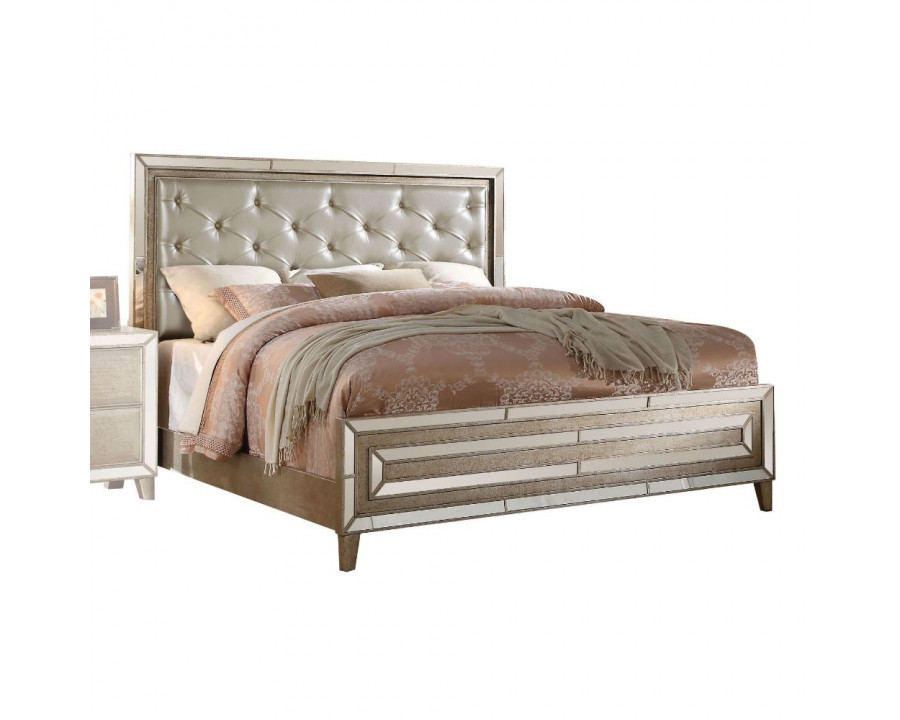 ACME - Voeville Eastern King Bed in Matte Gold PU/Antique Silver