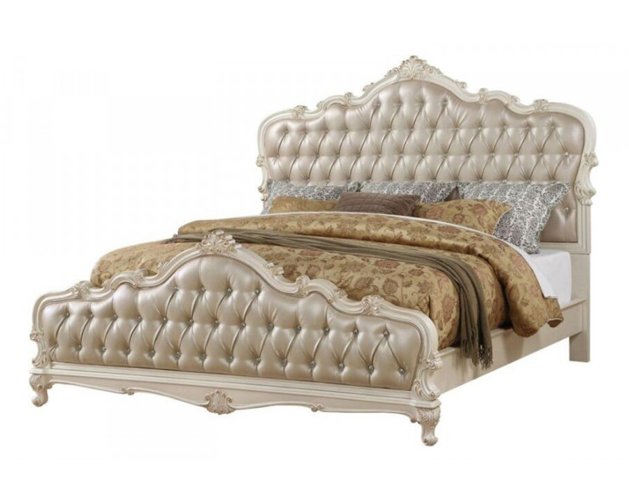 ACME Chantelle Queen Bed - Rose Gold Synthetic Leather/Pearl White