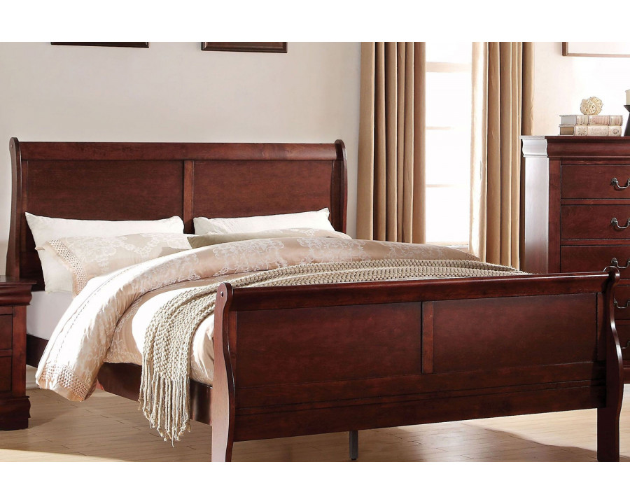 ACME Louis Philipe Sleigh Bed - Cherry Brown, Queen Size