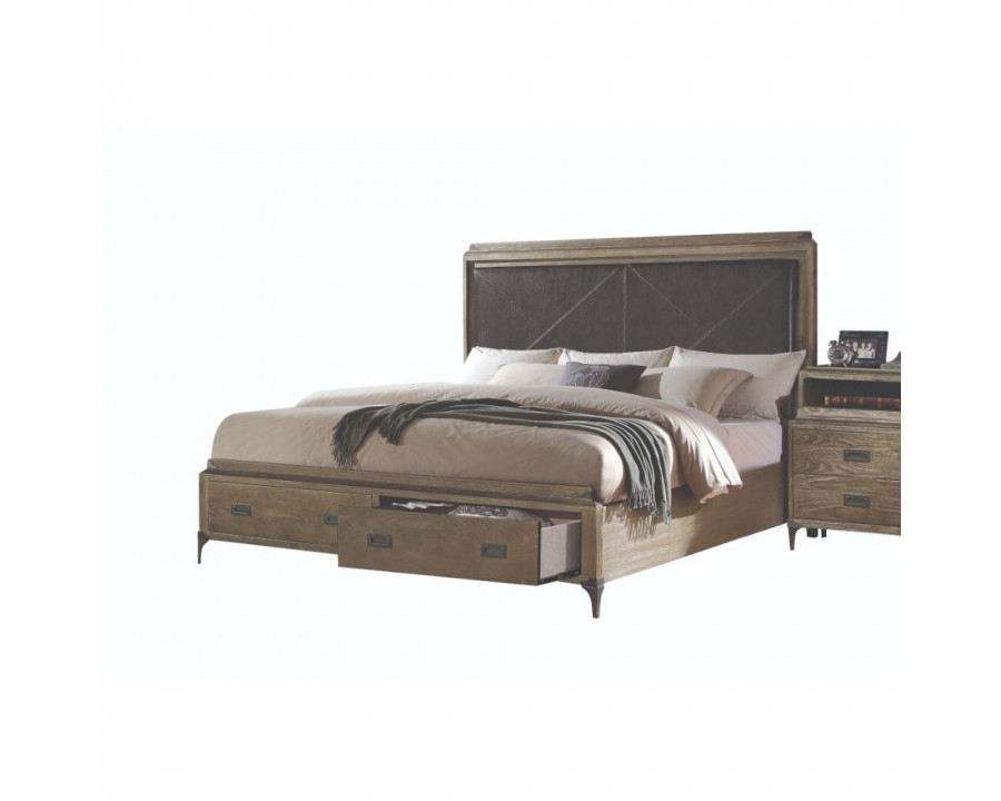 ACME - Athouman EK Bed with Storage in Synthetic/Weathered Oak