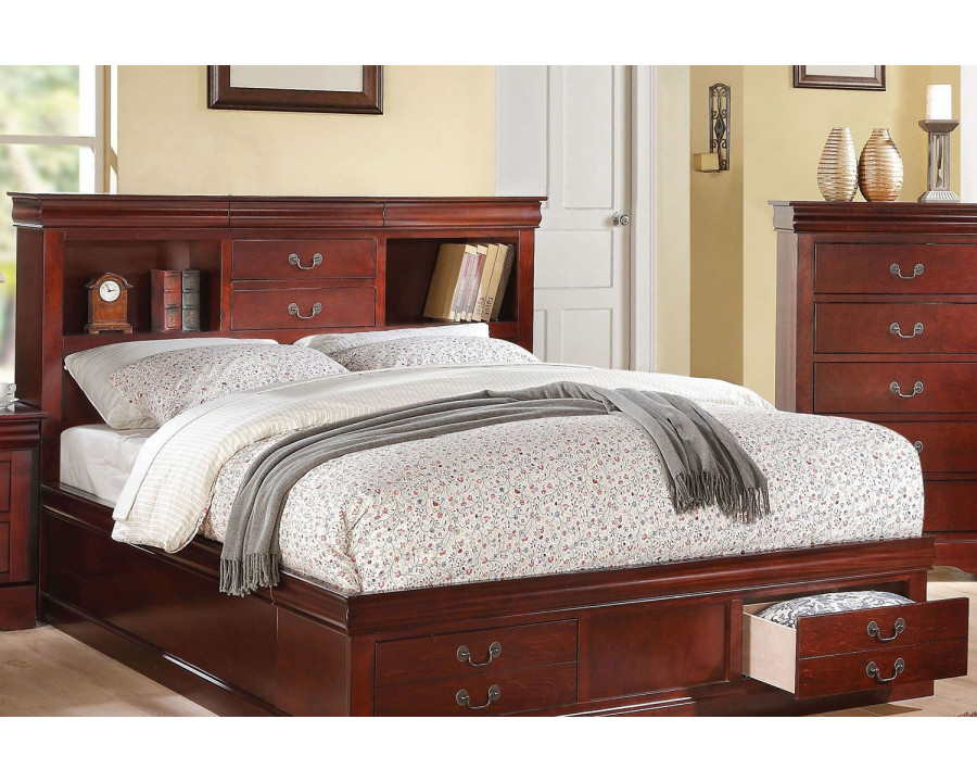 ACME Louis Philippe III Bookcase Storage Bed - Cherry, King Size