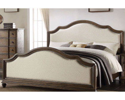 ACME - Baudouin Weathered Oak Upholstered Panel Bed