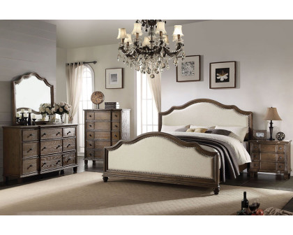 ACME Baudouin Weathered Oak Upholstered Panel Bed - King Size