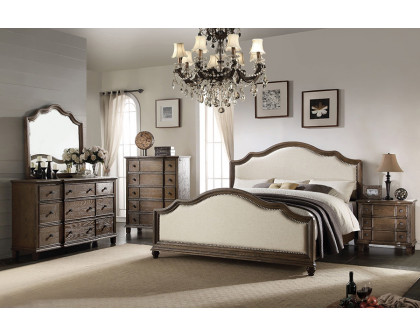 ACME Baudouin Queen Bed - Beige Linen/Weathered Oak