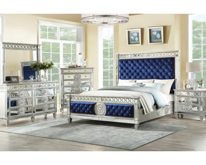 ACME Varian Bed - Blue Velvet and Mirrored, California King Size