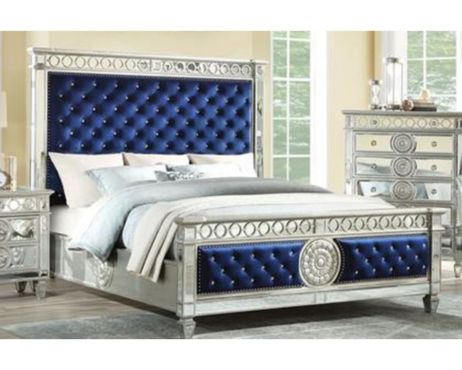 ACME Varian Panel Bed - Blue Velvet and Mirrored, King Size