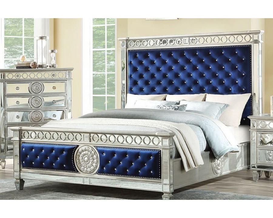 ACME Varian Panel Bed - Blue Velvet and Mirrored, Queen Size