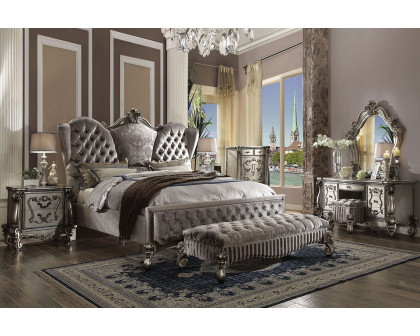 ACME Versailles Upholstered Panel Bed - Silver Velvet and Antique Platinum Silver, King Size