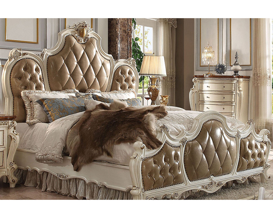 ACME Picardy Upholstered Panel Bed - Antique Pearl and Brown, California King Size