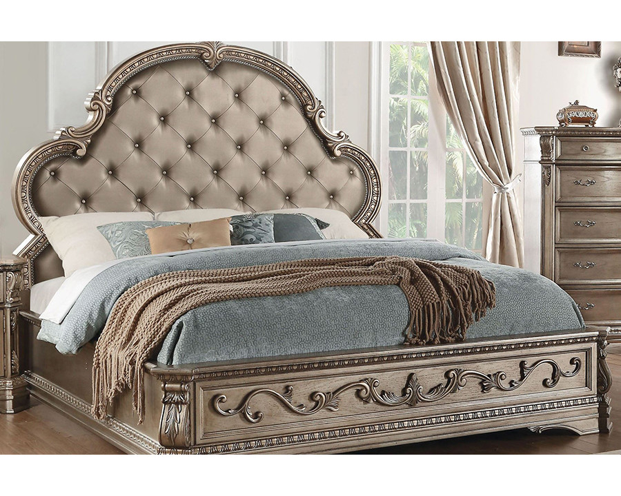 ACME Northville Antique Silver Upholstered Platform Bed - King Size