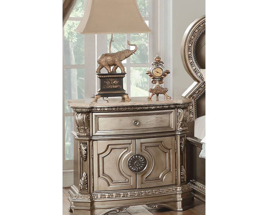 ACME - Northville Nightstand with Marble Top in Marble Top/Antique Silver