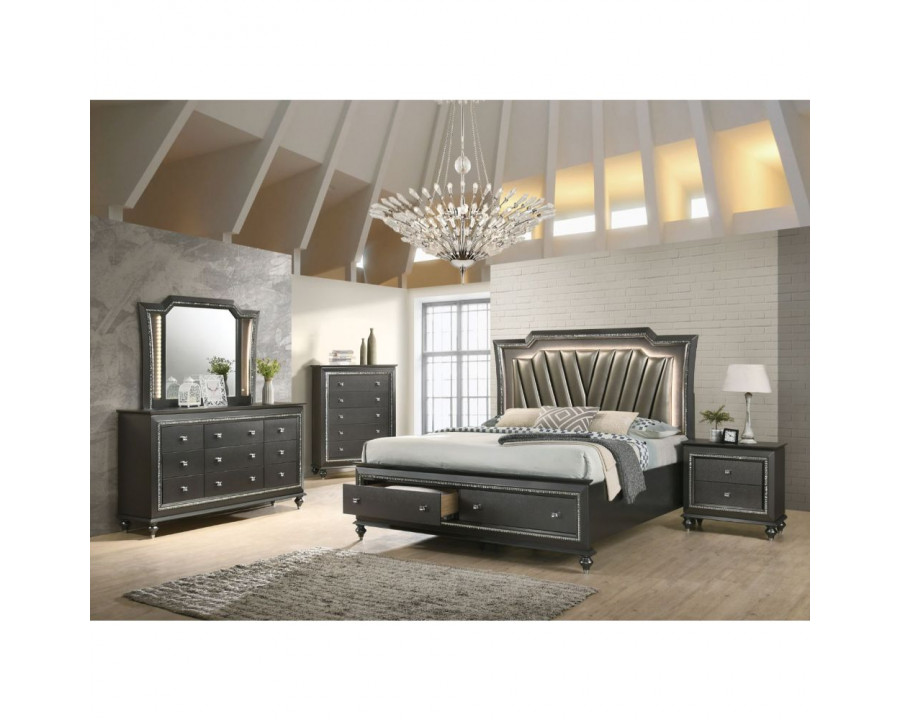 ACME Kaitlyn Queen Bed with Led & Storage - Synthetic/Metallic Gray