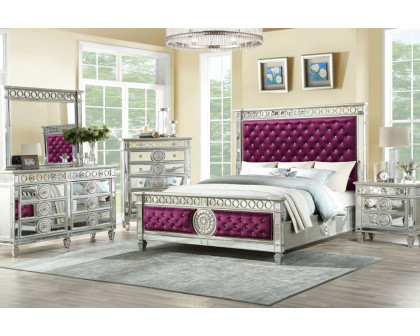 ACME Varian Bed - Burgundy Velvet and Mirrored, Eastern King Size