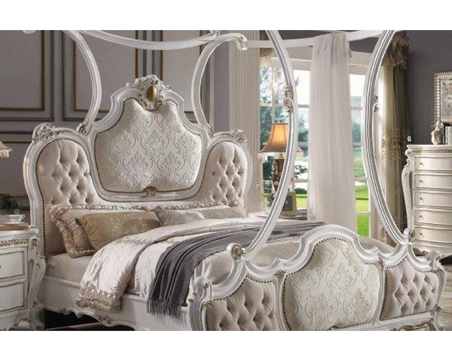 ACME Picardy Bed with Canopy - Fabric and Antique Pearl, California King Size