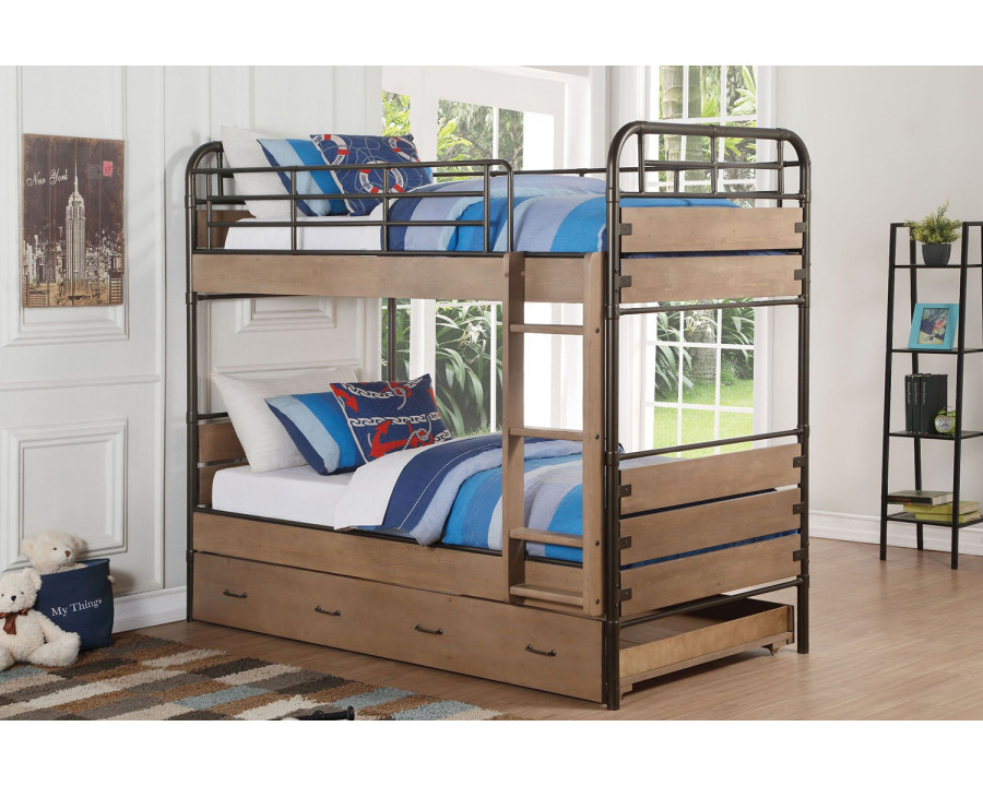 ACME Adams Twin/Twin Bunk Bed with Trundle - Antique Oak/Gunmetal