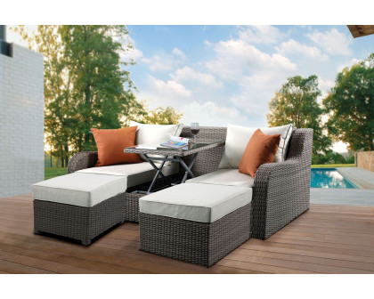 ACME - Salena Patio Sofa with 2 Pillows & 2 Ottomans in Beige/Gray Wicker