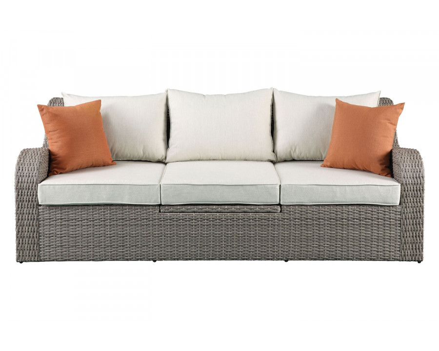 ACME - Salena Patio Sofa with 2 Pillows & 2 Ottomans in Beige/Gray Wicker