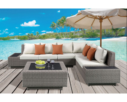 ACME - Salena Patio Sectional Sofa with 4 Pillows & Coffee Table in Beige/Gray Wicker