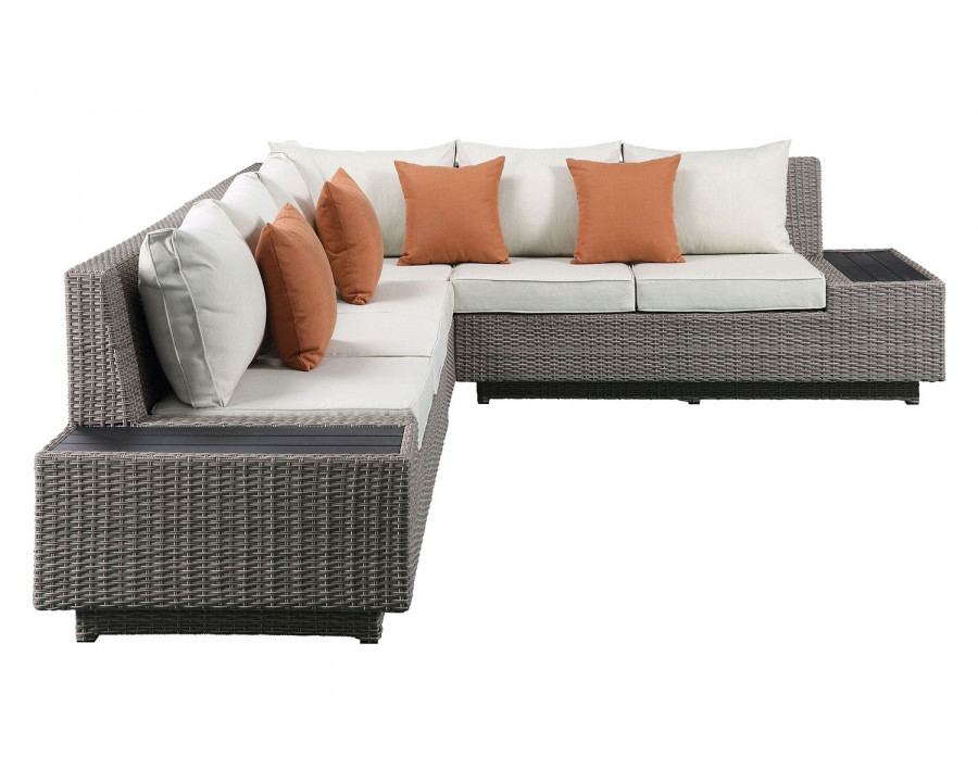 ACME - Salena Patio Sectional Sofa with 4 Pillows & Coffee Table in Beige/Gray Wicker