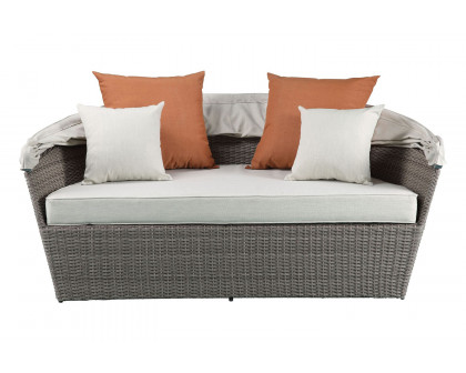 ACME - Salena Patio Canopy Sofa with 4 Pillows & Ottoman in Beige/Gray Wicker