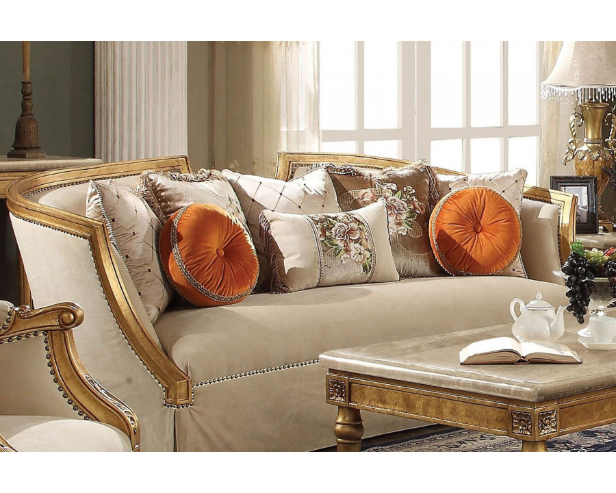 ACME - Daesha Sofa with 8 Pillows in Tan Flannel/Antique Gold