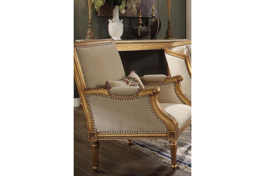 ACME™ Daesha Chair with Pillow - Tan Flannel/Antique Gold