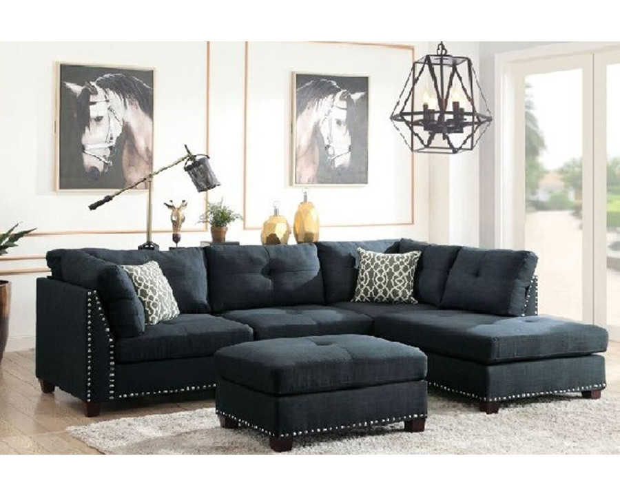 ACME Laurissa Sectional Sofa and Ottoman with 2 Pillows - Dark Blue Linen