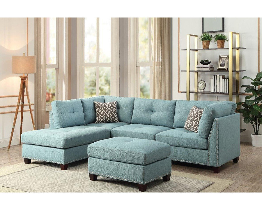 ACME Laurissa Sectional Sofa and Ottoman with 2 Pillows - Light Teal Linen