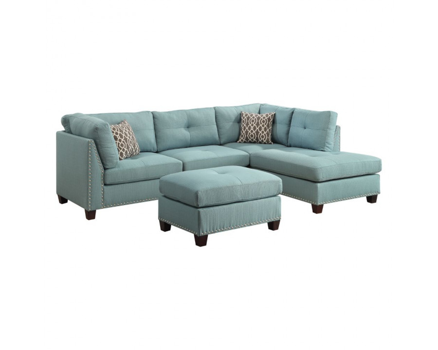 ACME Laurissa Sectional Sofa & Ottoman with 2 Pillows - Light Teal Linen