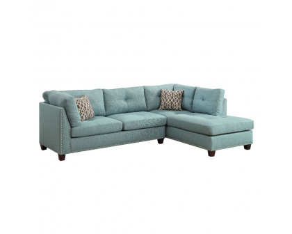 ACME Laurissa Sectional Sofa & Ottoman with 2 Pillows - Light Teal Linen