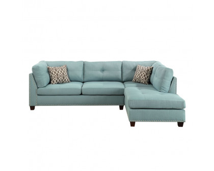 ACME Laurissa Sectional Sofa & Ottoman with 2 Pillows - Light Teal Linen