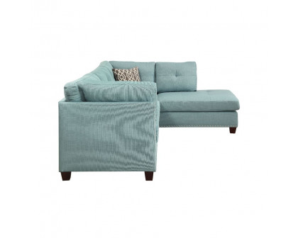 ACME Laurissa Sectional Sofa & Ottoman with 2 Pillows - Light Teal Linen