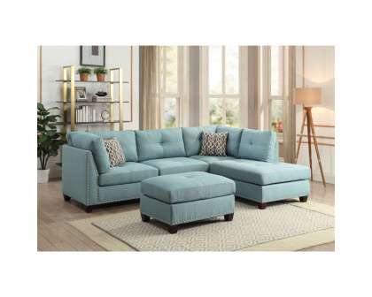 ACME Laurissa Sectional Sofa & Ottoman with 2 Pillows - Light Teal Linen