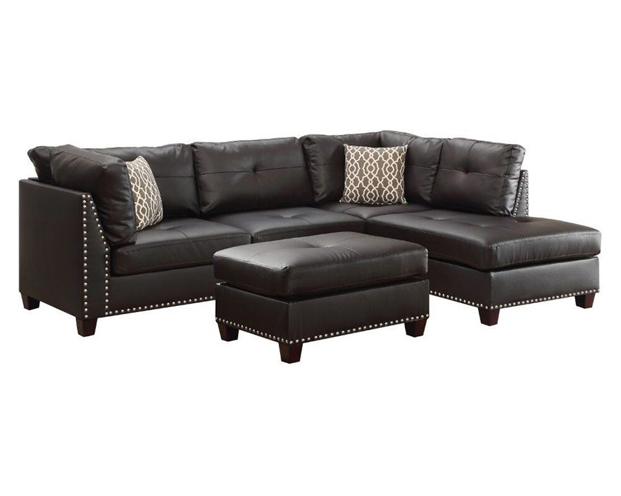 ACME Laurissa Sectional Sofa and Ottoman with 2 Pillows - Ebony Pu