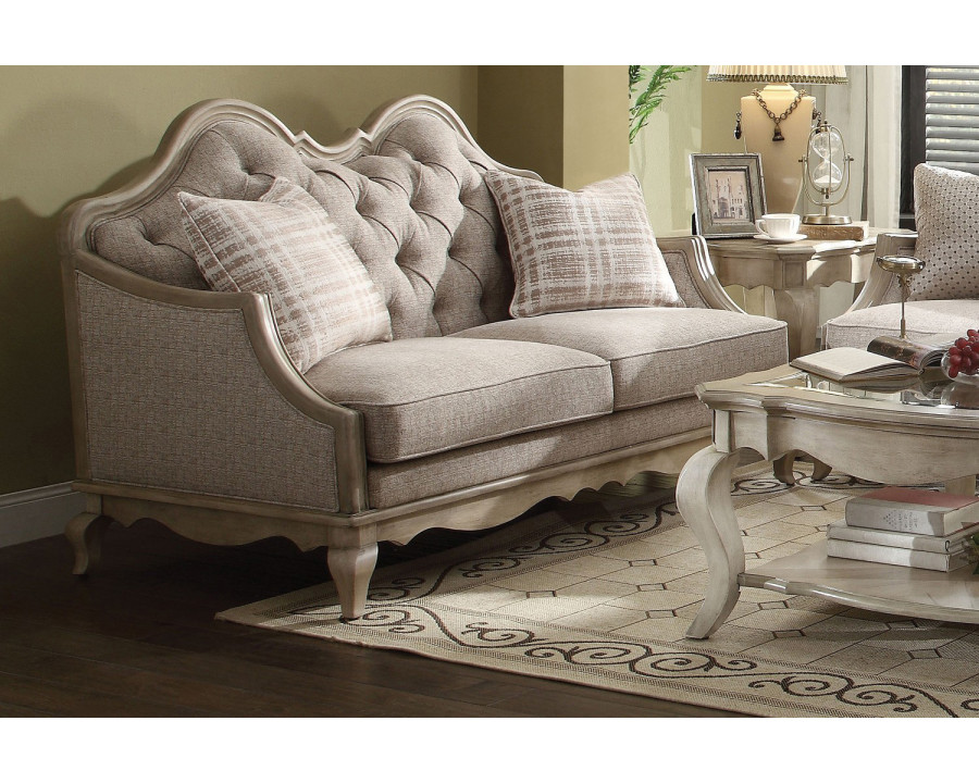 ACME - Chelmsford Loveseat with 2 Pillows in Beige/Antique Taupe