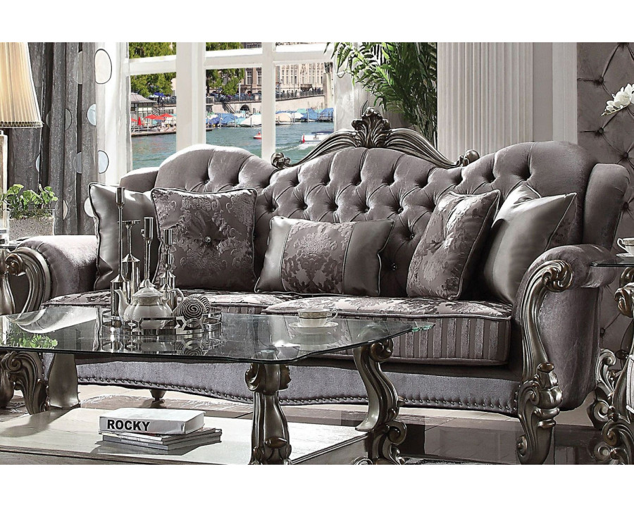 ACME Versailles Wingback Sofa - Silver Velvet and Antique Platinum