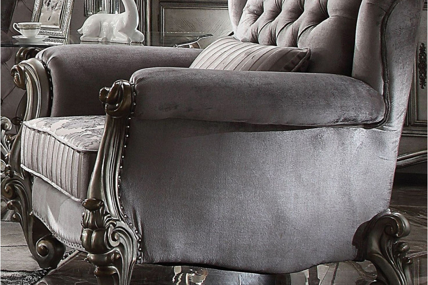 ACME™ Versailles Chair - Silver Velvet and Antique Platinum