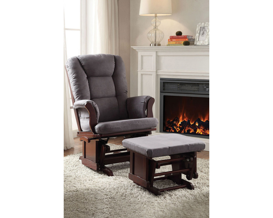 ACME - Adeliza Glider Chair & Ottoman in Gray Microfiber/Cherry