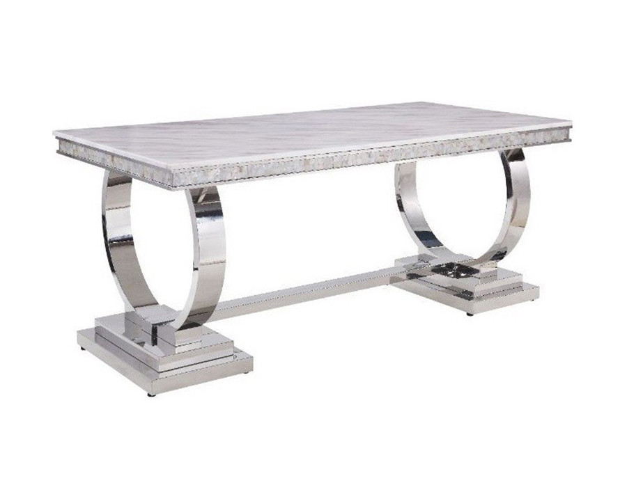 ACME - Zander Dining Table in White Faux Marble Top/Chrome