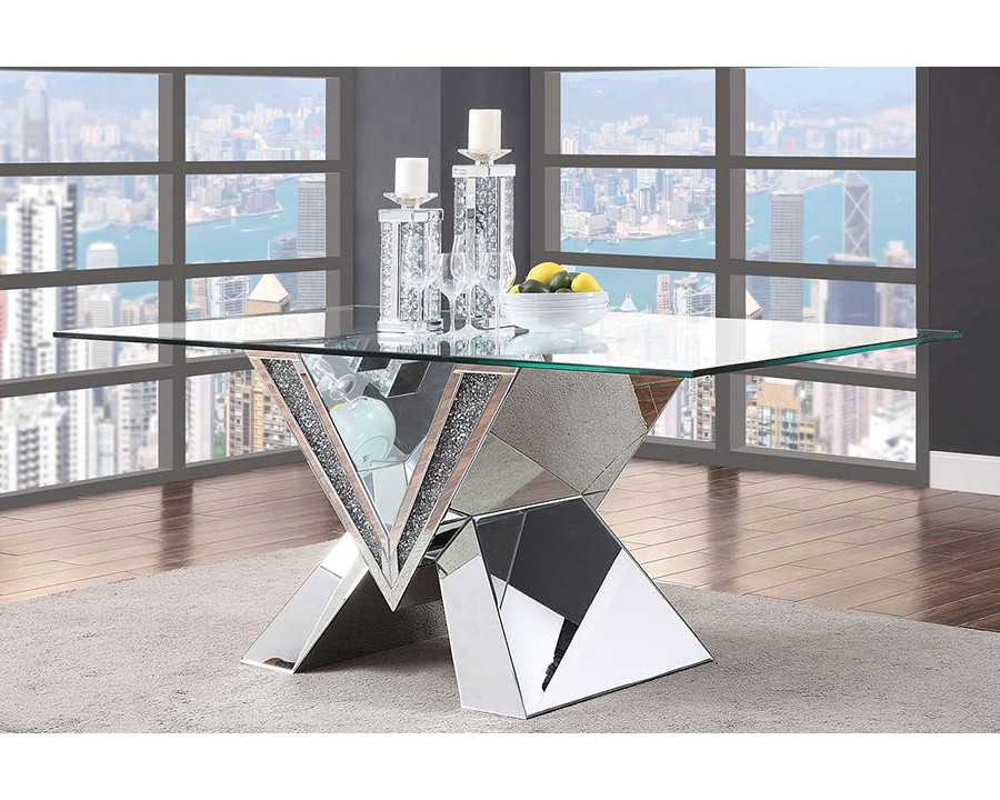 ACME - Noralie Dining Table in Mirrored/Faux Diamonds/Clear Glass Top (71280)