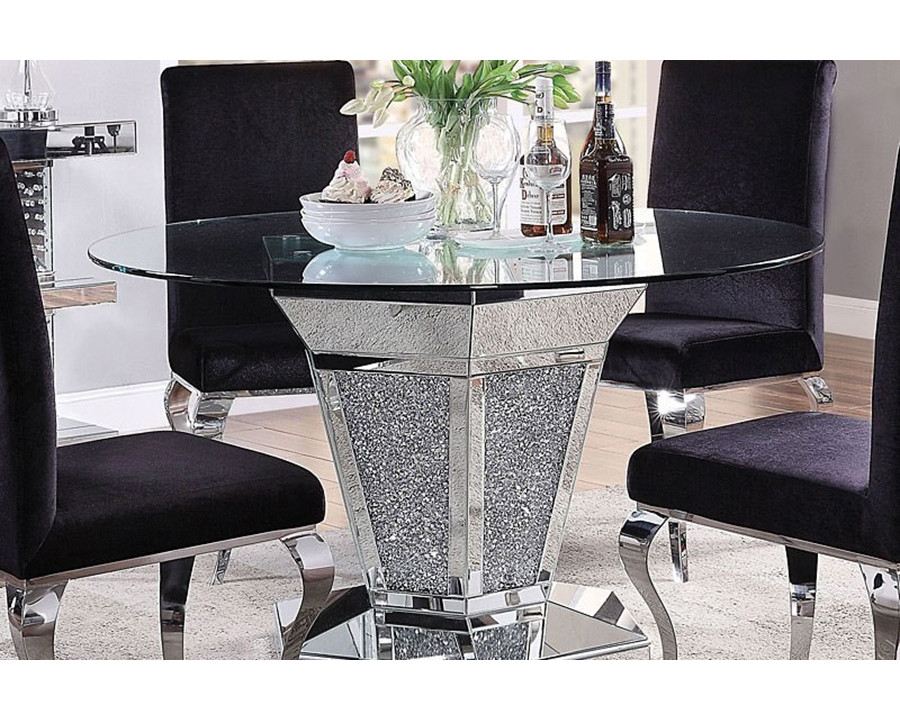 ACME - Noralie Dining Table in Mirrored/Faux Diamonds/Clear Glass Top (71285)