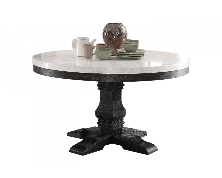 ACME - Nolan Round Dining Table in White Marble Top/Salvage Dark Oak