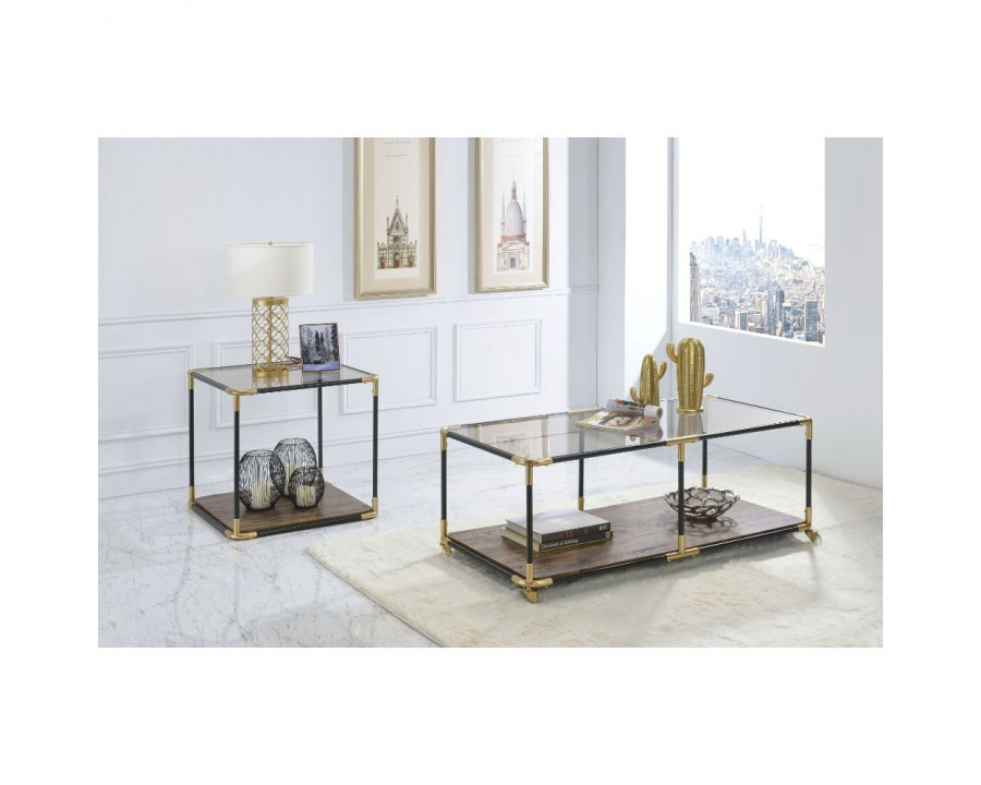 ACME - Heleris End Table in Smoky Glass/Black/Gold