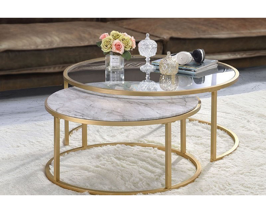 ACME - Shanish Nesting Table Set in Faux Marble Top/Gold