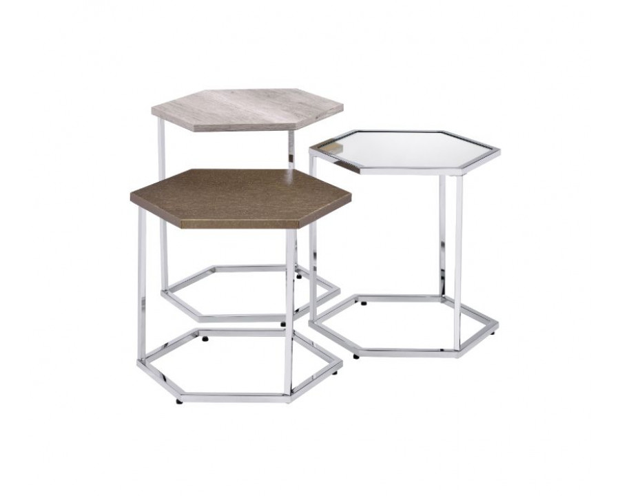 ACME Simno Nesting Table Set - Clear Glass/Taupe/Gray Washed/Chrome