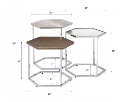 ACME Simno Nesting Table Set - Clear Glass/Taupe/Gray Washed/Chrome