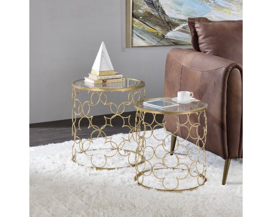 ACME - Flowie Nesting Table Set in Clear Glass Top/Gold