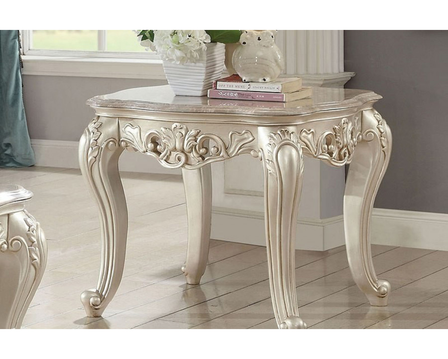 ACME - Gorsedd End Table with Marble Top in Marble Top/Golden Ivory